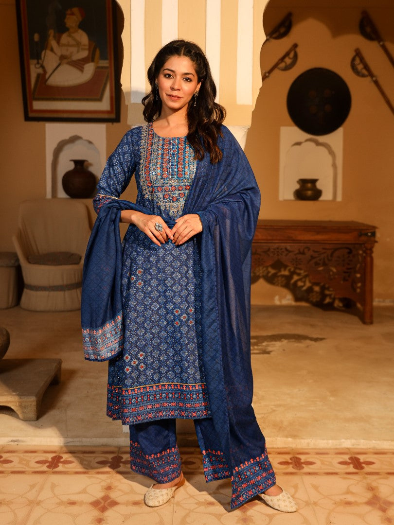 Juniper Women's Blue Ethnic Motif Printed Polycotton Kurta Pant And Dupatta Set With Thread Zari Work & Sequins | Grocsy