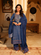 Juniper Women's Blue Ethnic Motif Printed Polycotton Kurta Pant And Dupatta Set With Thread Zari Work & Sequins | Grocsy