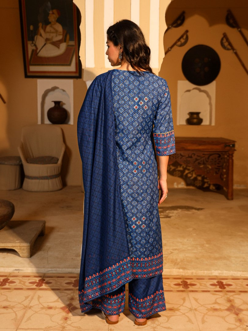 Juniper Women's Blue Ethnic Motif Printed Polycotton Kurta Pant And Dupatta Set With Thread Zari Work & Sequins | Grocsy