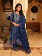 Juniper Women's Blue Ethnic Motif Printed Polycotton Kurta Pant And Dupatta Set With Thread Zari Work & Sequins | Grocsy