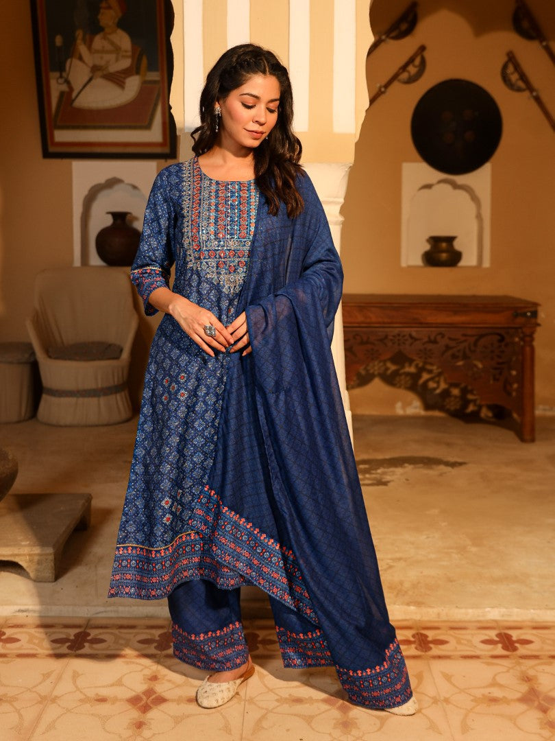 Juniper Women's Blue Ethnic Motif Printed Polycotton Kurta Pant And Dupatta Set With Thread Zari Work & Sequins | Grocsy