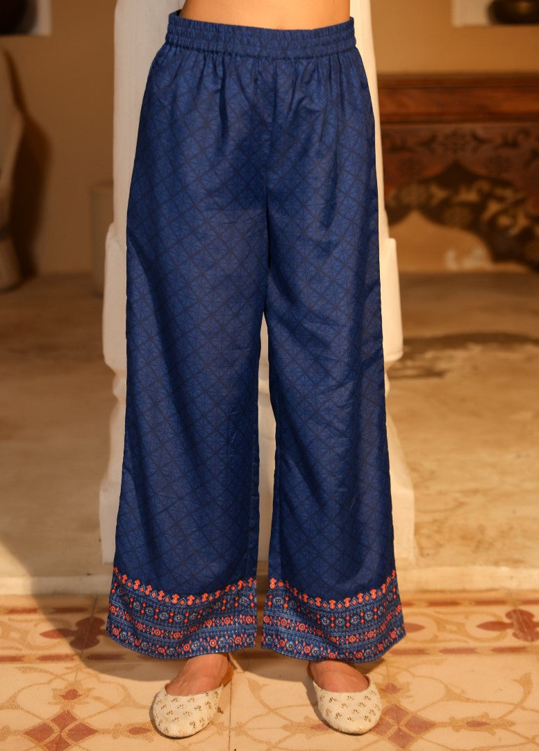 Juniper Women's Blue Ethnic Motif Printed Polycotton Kurta Pant And Dupatta Set With Thread Zari Work & Sequins | Grocsy