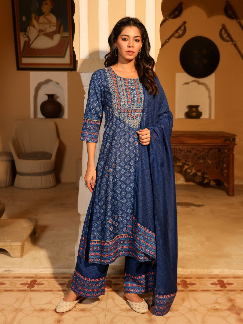 Juniper Women's Blue Ethnic Motif Printed Polycotton Kurta Pant And Dupatta Set With Thread Zari Work & Sequins | Grocsy