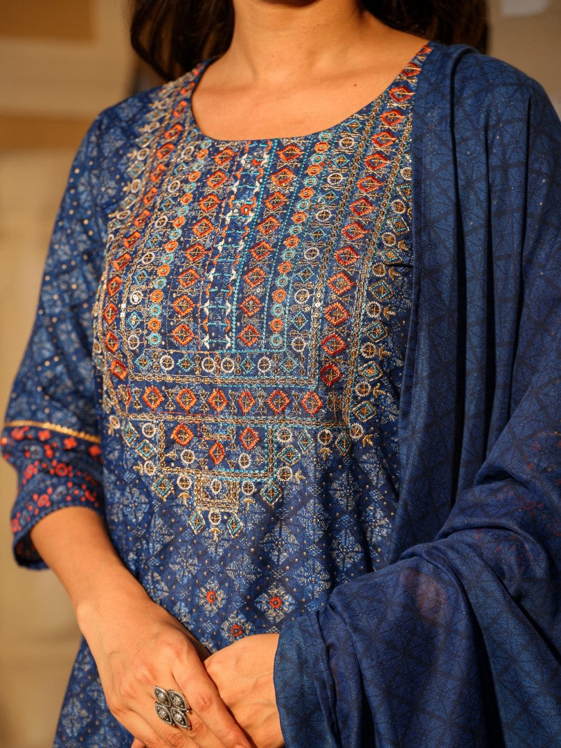 Juniper Women's Blue Ethnic Motif Printed Polycotton Kurta Pant And Dupatta Set With Thread Zari Work & Sequins | Grocsy