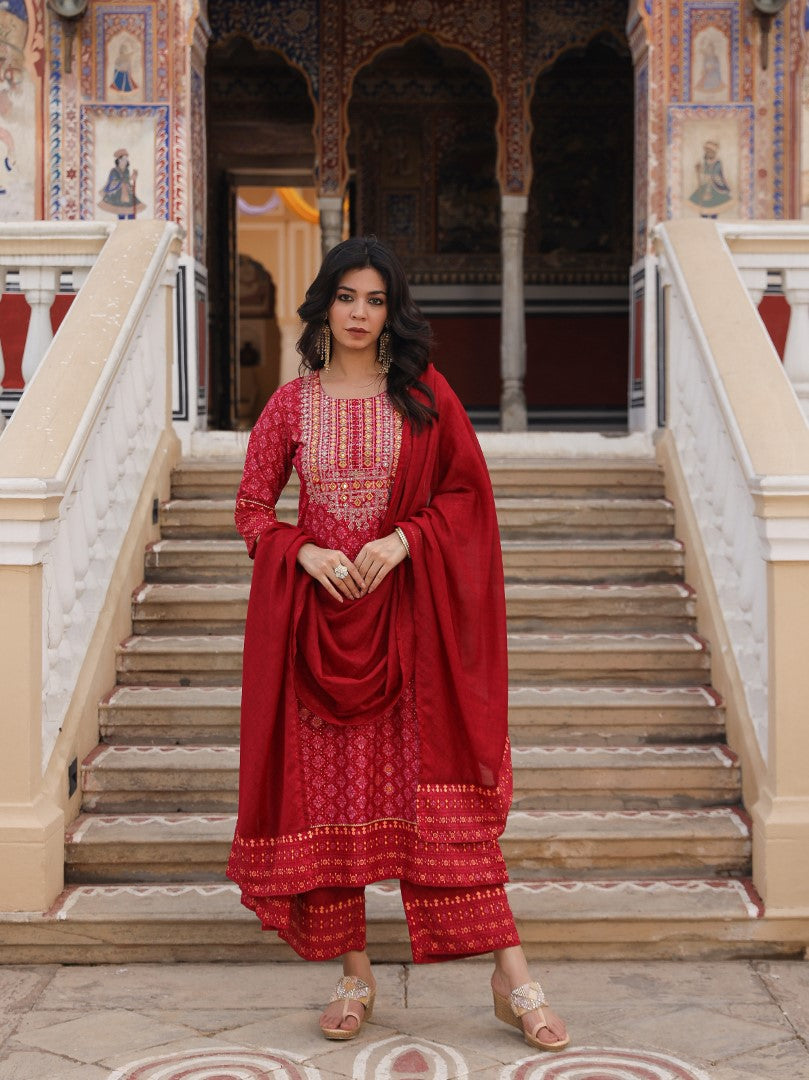 Juniper Women's Red Ethnic Motif Printed Polycotton Kurta Pant And Dupatta Set With Thread Zari Work & Sequins | Grocsy