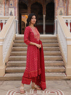 Juniper Women's Red Ethnic Motif Printed Polycotton Kurta Pant And Dupatta Set With Thread Zari Work & Sequins | Grocsy