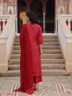 Juniper Women's Red Ethnic Motif Printed Polycotton Kurta Pant And Dupatta Set With Thread Zari Work & Sequins | Grocsy