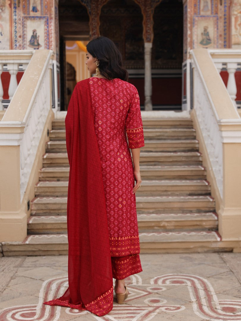 Juniper Women's Red Ethnic Motif Printed Polycotton Kurta Pant And Dupatta Set With Thread Zari Work & Sequins | Grocsy