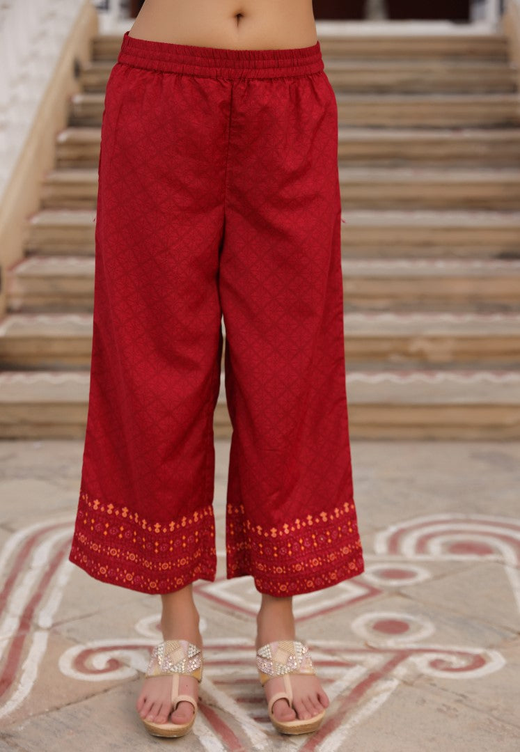 Juniper Women's Red Ethnic Motif Printed Polycotton Kurta Pant And Dupatta Set With Thread Zari Work & Sequins | Grocsy