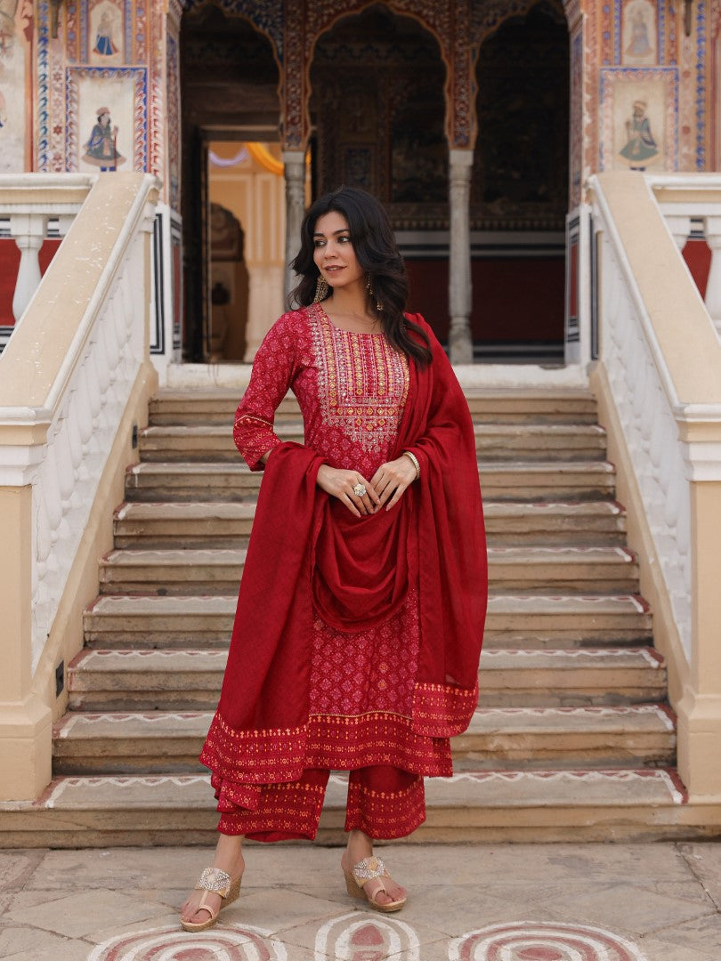 Juniper Women's Red Ethnic Motif Printed Polycotton Kurta Pant And Dupatta Set With Thread Zari Work & Sequins | Grocsy