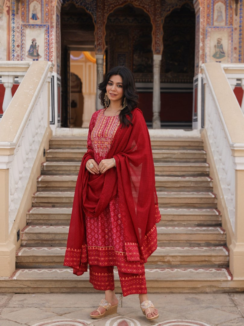 Juniper Women's Red Ethnic Motif Printed Polycotton Kurta Pant And Dupatta Set With Thread Zari Work & Sequins | Grocsy