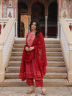 Juniper Women's Red Ethnic Motif Printed Polycotton Kurta Pant And Dupatta Set With Thread Zari Work & Sequins | Grocsy