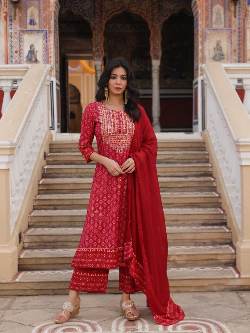 Juniper Women's Red Ethnic Motif Printed Polycotton Kurta Pant And Dupatta Set With Thread Zari Work & Sequins | Grocsy