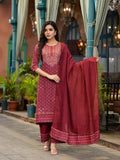 Juniper Women's Rust Ethnic Motif Printed Cotton Kurta Set With Thread Work & Sequins | Grocsy