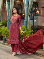Juniper Women's Rust Ethnic Motif Printed Cotton Kurta Set With Thread Work & Sequins | Grocsy