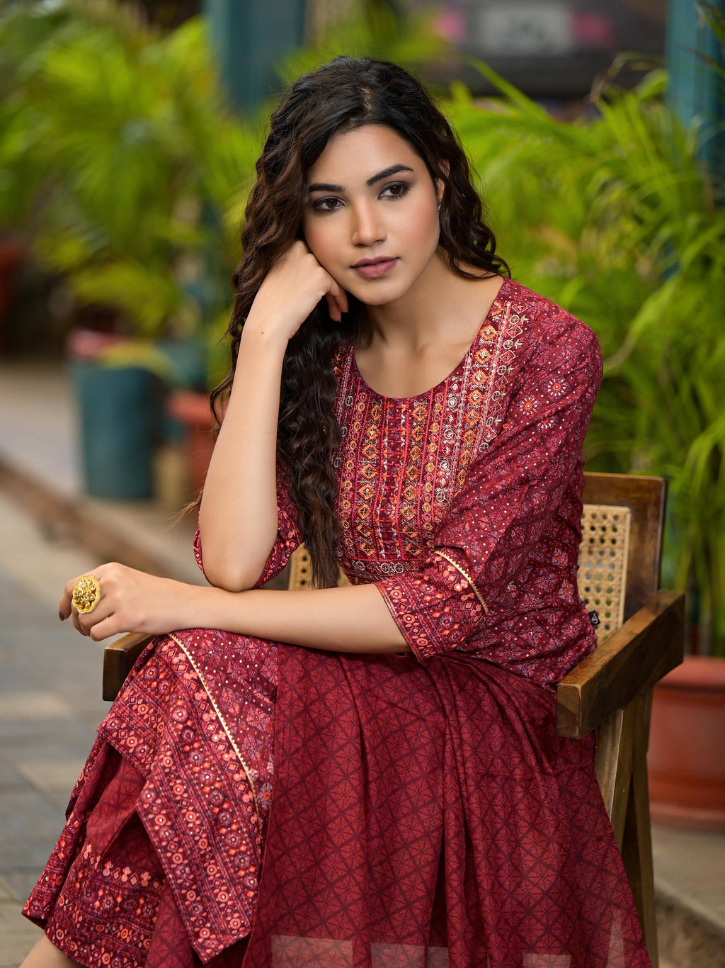 Juniper Women's Rust Ethnic Motif Printed Cotton Kurta Set With Thread Work & Sequins | Grocsy