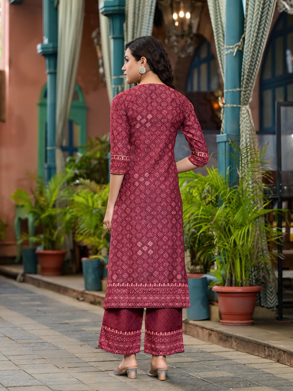 Juniper Women's Rust Ethnic Motif Printed Cotton Kurta Set With Thread Work & Sequins | Grocsy