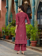 Juniper Women's Rust Ethnic Motif Printed Cotton Kurta Set With Thread Work & Sequins | Grocsy