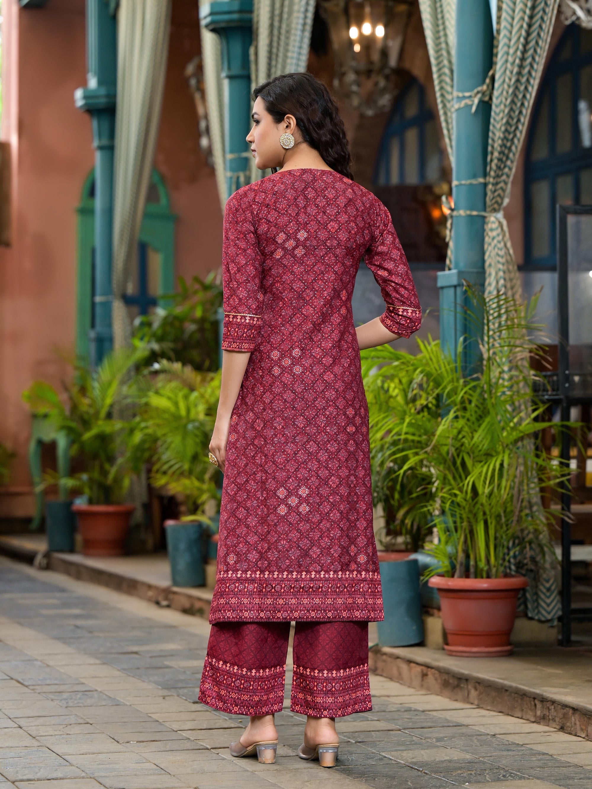 Juniper Women's Rust Ethnic Motif Printed Cotton Kurta Set With Thread Work & Sequins | Grocsy