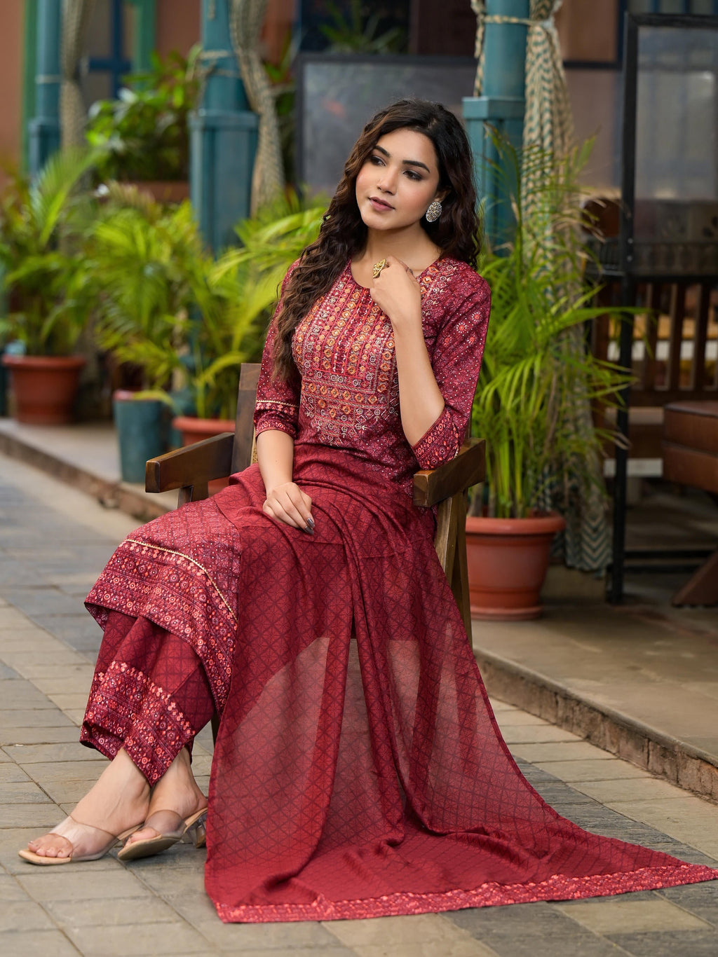 Juniper Women's Rust Ethnic Motif Printed Cotton Kurta Set With Thread Work & Sequins | Grocsy