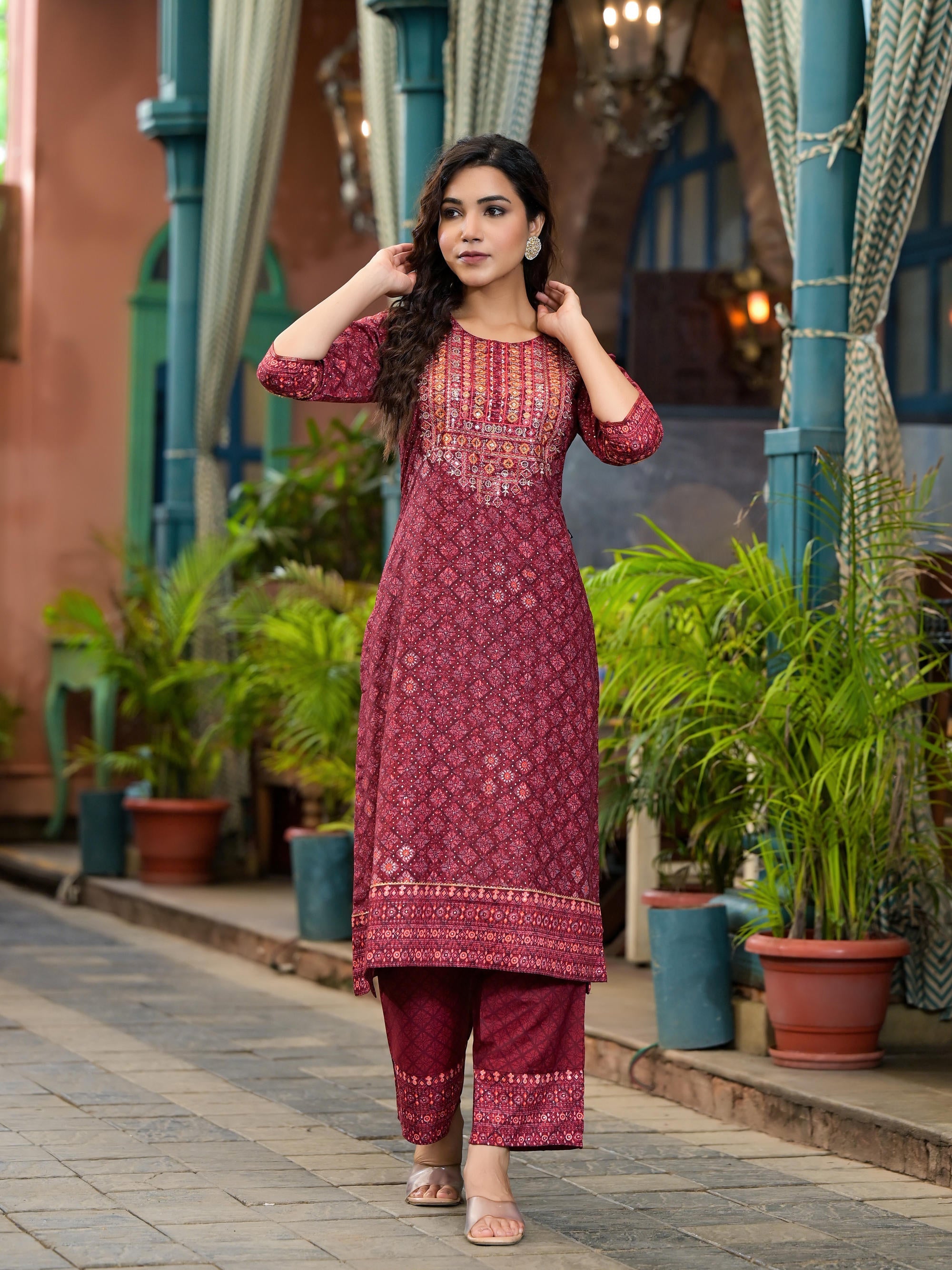 Juniper Women's Rust Ethnic Motif Printed Cotton Kurta Set With Thread Work & Sequins | Grocsy