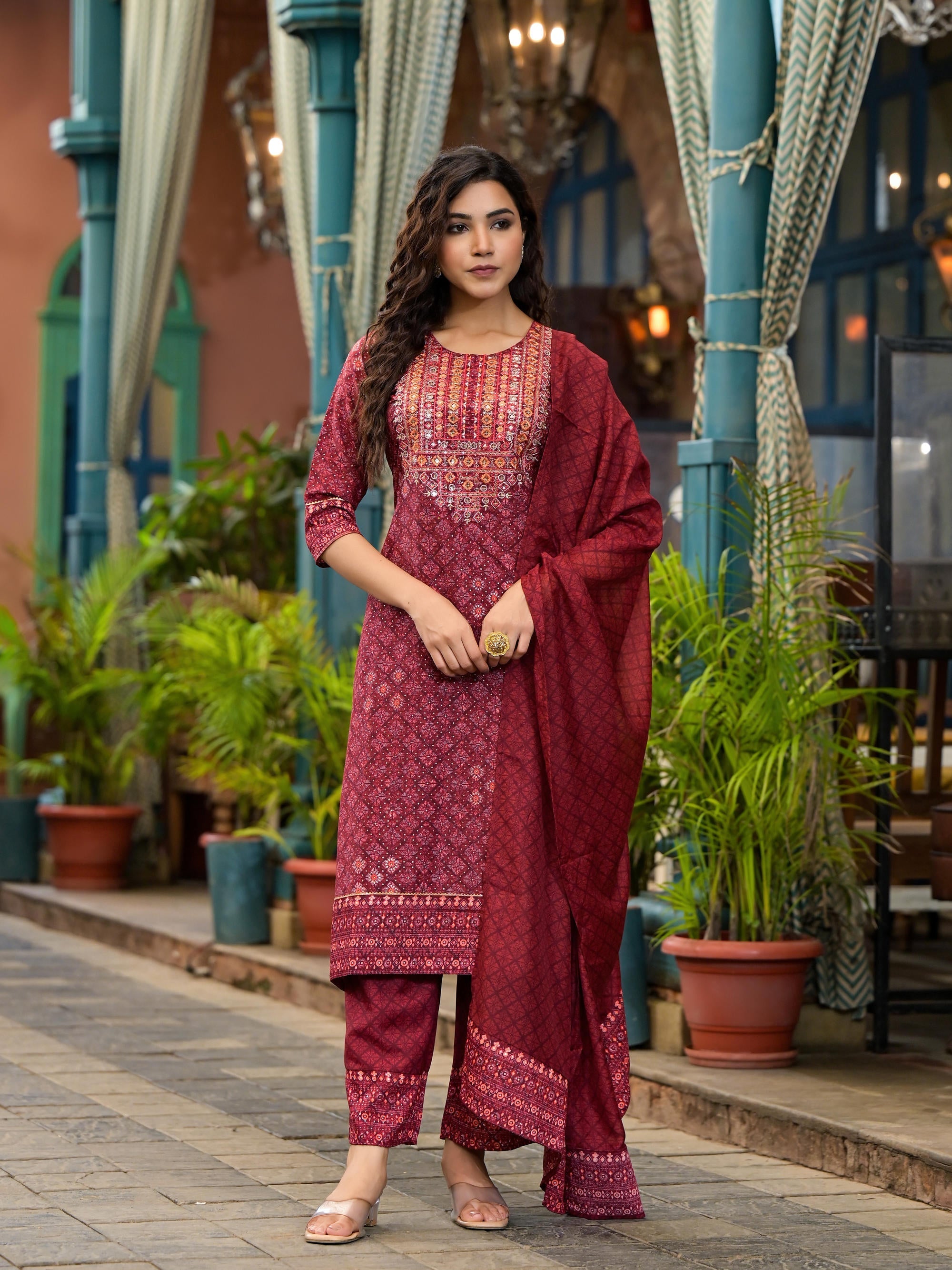 Juniper Women's Rust Ethnic Motif Printed Cotton Kurta Set With Thread Work & Sequins | Grocsy