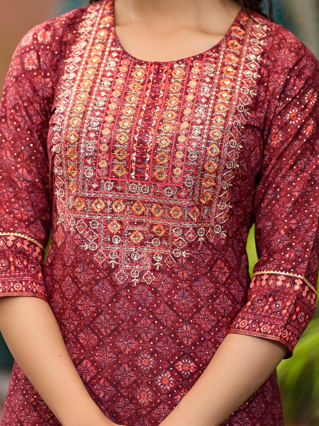 Juniper Women's Rust Ethnic Motif Printed Cotton Kurta Set With Thread Work & Sequins | Grocsy