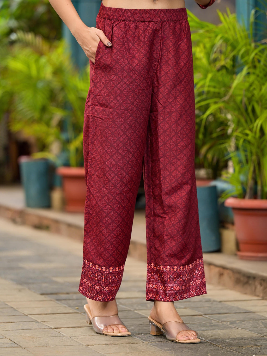 Juniper Women's Rust Ethnic Motif Printed Cotton Kurta Set With Thread Work & Sequins | Grocsy