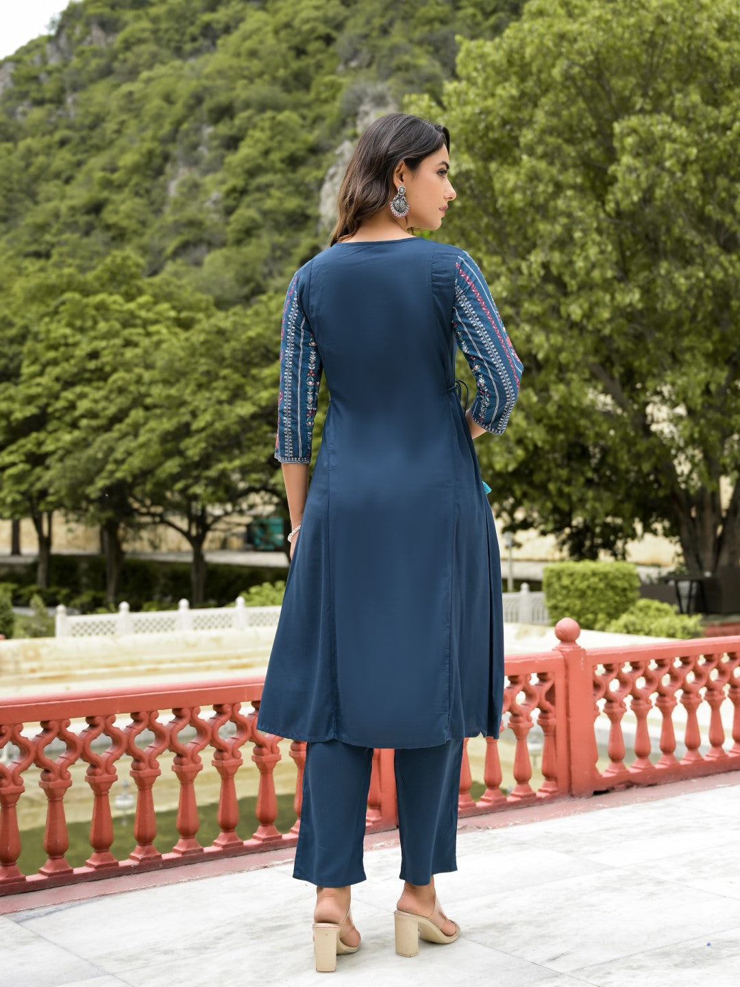 Juniper Women's Blue Floral Printed Liva Rayon Kurta Pant & Dupatta Set With Doris At Waist & Thread Work & Tassels | Grocsy