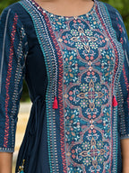 Juniper Women's Blue Floral Printed Liva Rayon Kurta Pant & Dupatta Set With Doris At Waist & Thread Work & Tassels | Grocsy