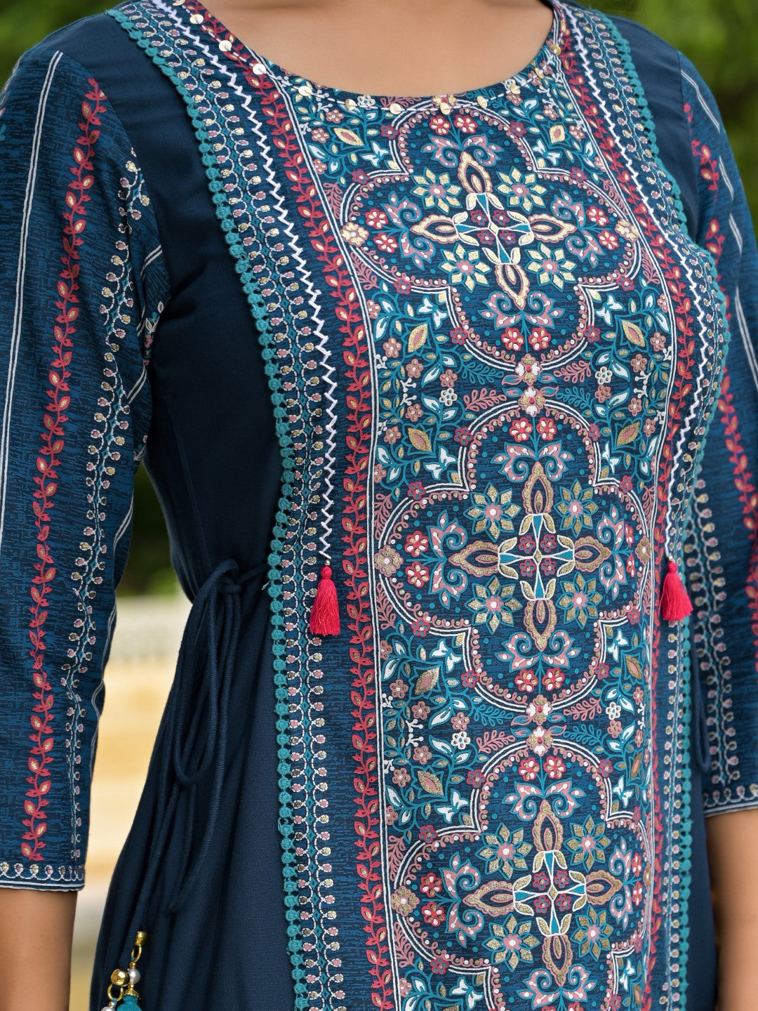 Juniper Women's Blue Floral Printed Liva Rayon Kurta Pant & Dupatta Set With Doris At Waist & Thread Work & Tassels | Grocsy