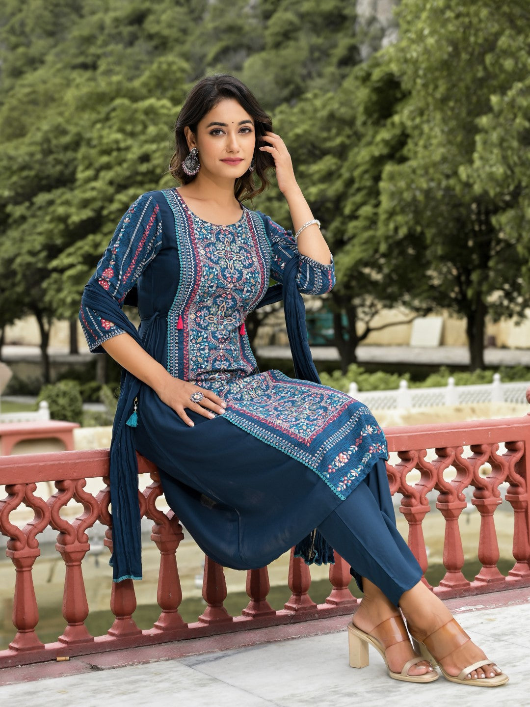 Juniper Women's Blue Floral Printed Liva Rayon Kurta Pant & Dupatta Set With Doris At Waist & Thread Work & Tassels | Grocsy