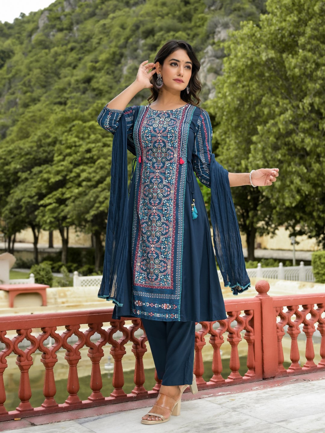 Juniper Women's Blue Floral Printed Liva Rayon Kurta Pant & Dupatta Set With Doris At Waist & Thread Work & Tassels | Grocsy