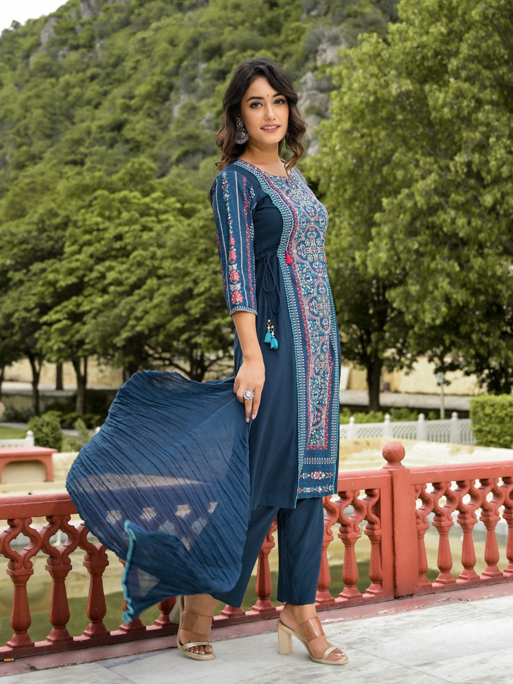 Juniper Women's Blue Floral Printed Liva Rayon Kurta Pant & Dupatta Set With Doris At Waist & Thread Work & Tassels | Grocsy
