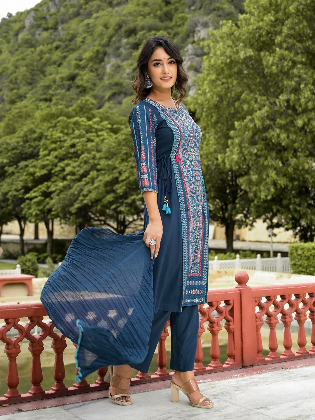 Juniper Women's Blue Floral Printed Liva Rayon Kurta Pant & Dupatta Set With Doris At Waist & Thread Work & Tassels | Grocsy