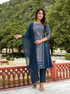 Juniper Women's Blue Floral Printed Liva Rayon Kurta Pant & Dupatta Set With Doris At Waist & Thread Work & Tassels | Grocsy