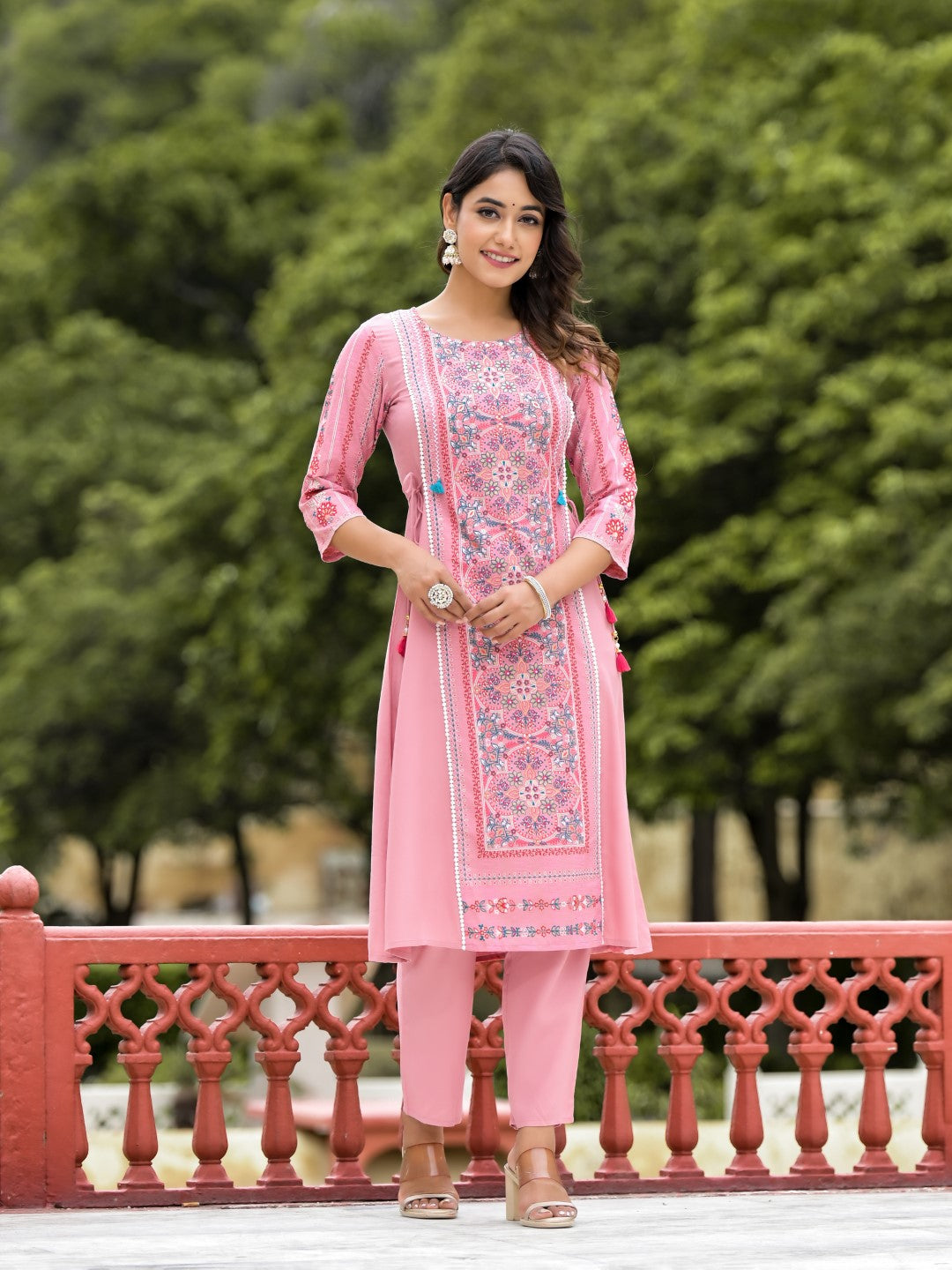 Juniper Women's Peach Floral Printed Liva Rayon Kurta Pant & Dupatta Set With Doris At Waist & Thread Work & Tassels | Grocsy