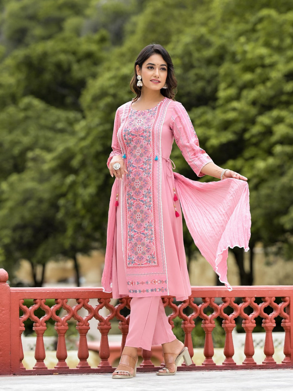 Juniper Women's Peach Floral Printed Liva Rayon Kurta Pant & Dupatta Set With Doris At Waist & Thread Work & Tassels | Grocsy