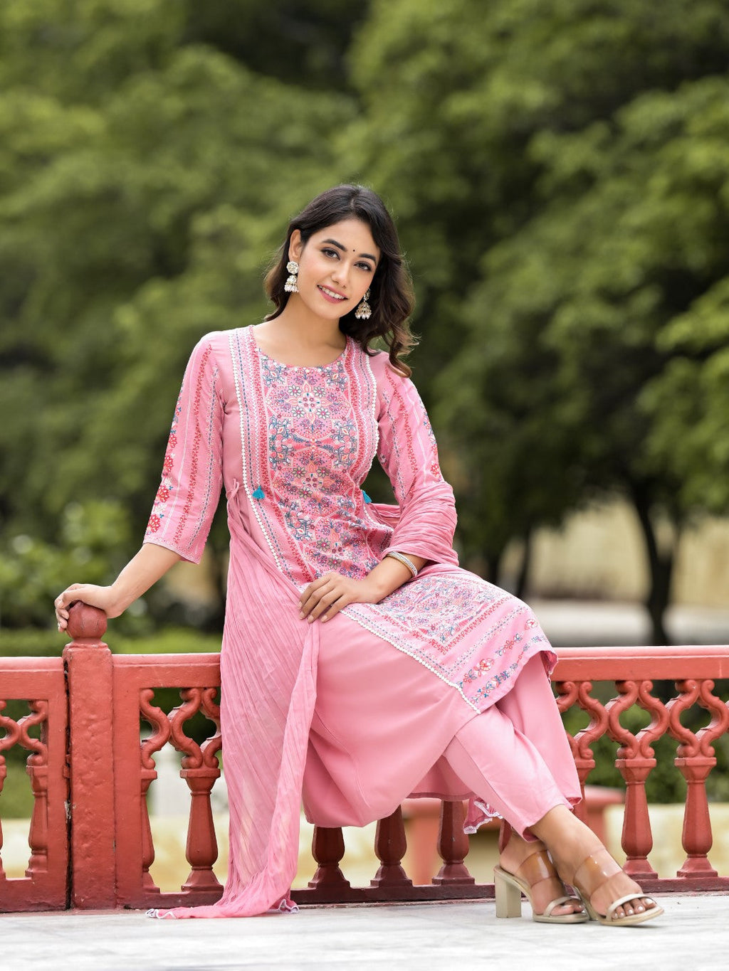 Juniper Women's Peach Floral Printed Liva Rayon Kurta Pant & Dupatta Set With Doris At Waist & Thread Work & Tassels | Grocsy