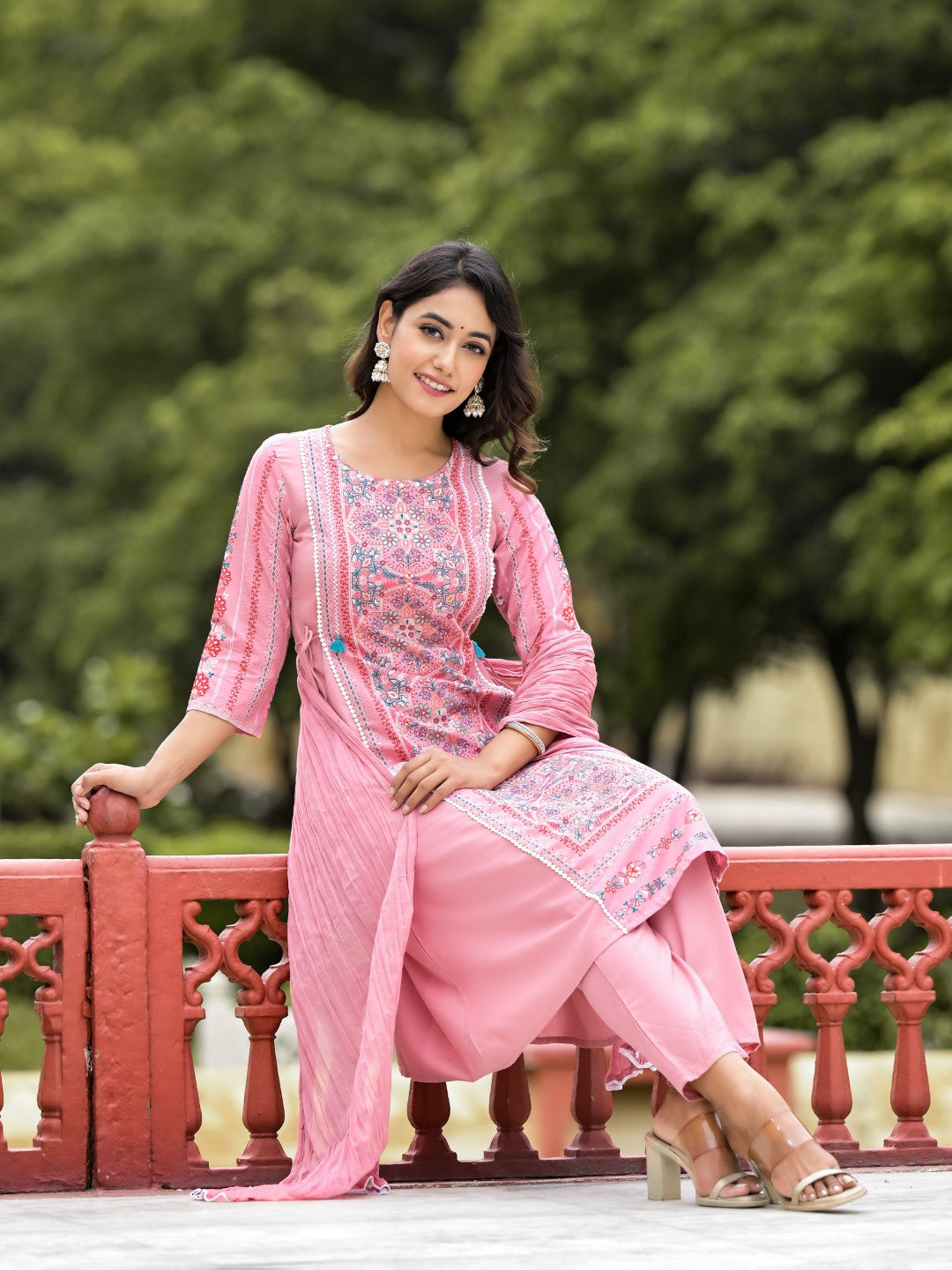 Juniper Women's Peach Floral Printed Liva Rayon Kurta Pant & Dupatta Set With Doris At Waist & Thread Work & Tassels | Grocsy