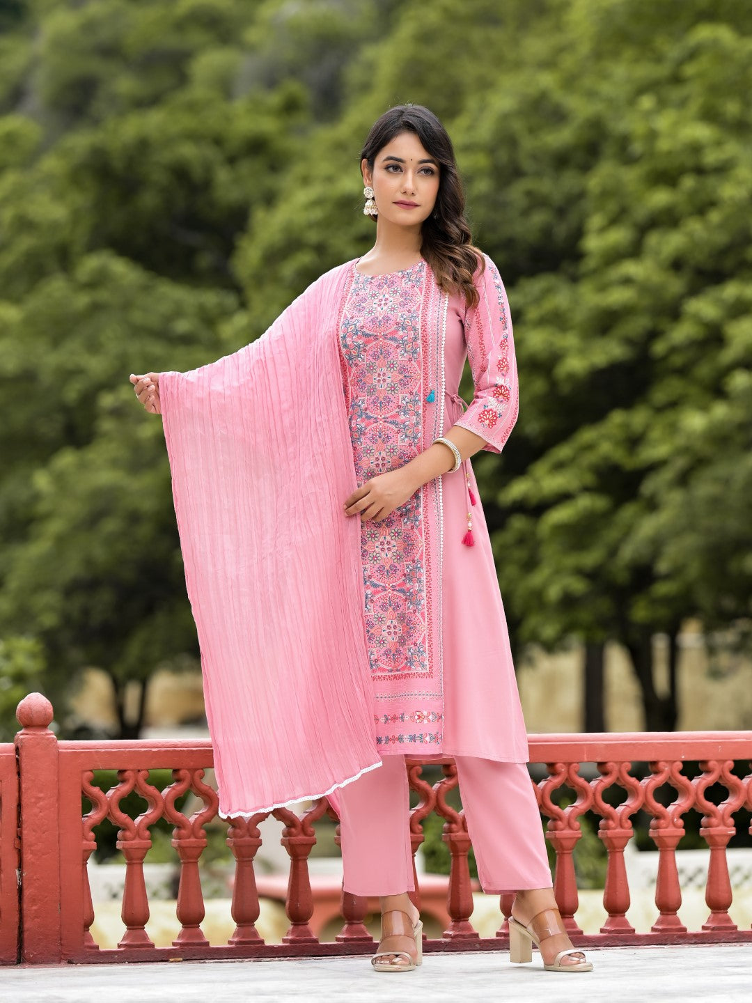 Juniper Women's Peach Floral Printed Liva Rayon Kurta Pant & Dupatta Set With Doris At Waist & Thread Work & Tassels | Grocsy