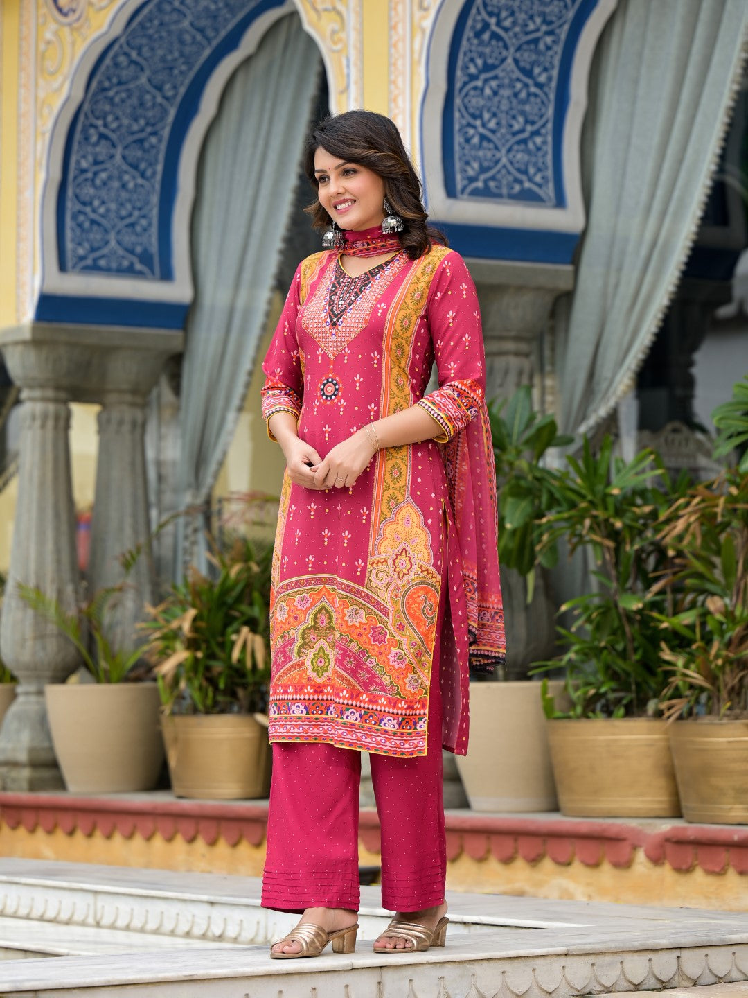 Juniper Women's Maroon Ethnic Motif Printed Liva Rayon Kurta Pant And Dupatta Set With Mirror Work & Sequins | Grocsy
