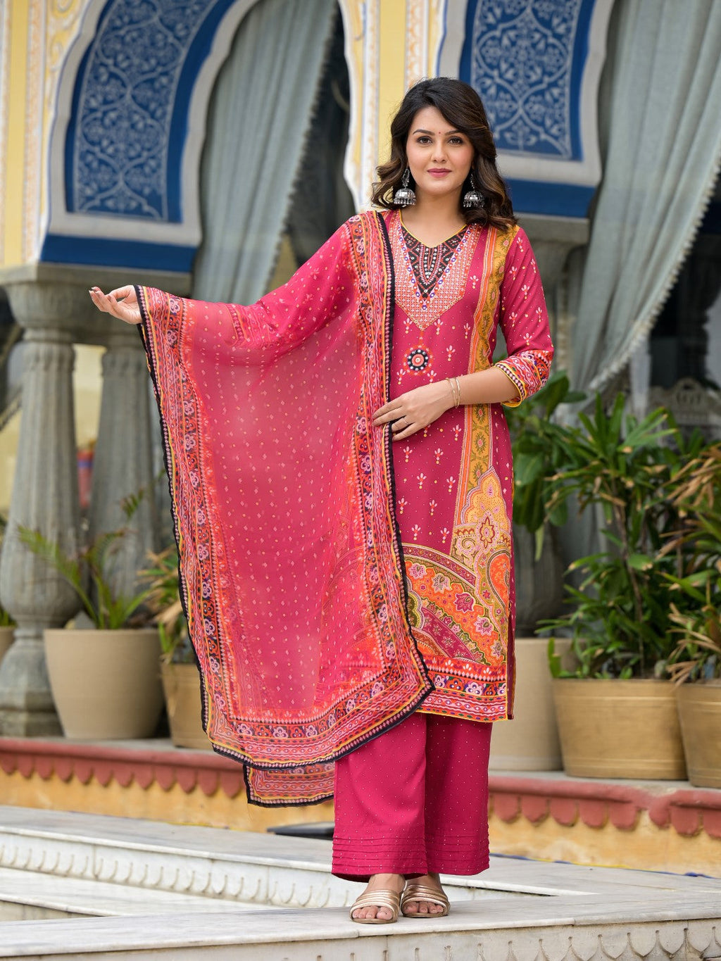 Juniper Women's Maroon Ethnic Motif Printed Liva Rayon Kurta Pant And Dupatta Set With Mirror Work & Sequins | Grocsy