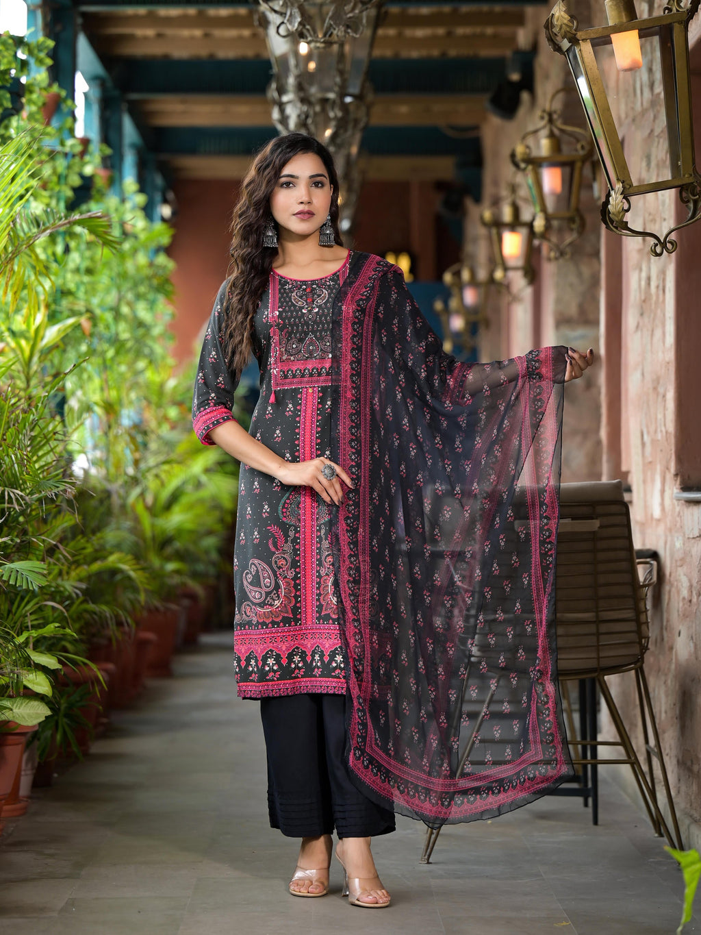 Juniper Women's Black Ethnic Motif Printed Liva Rayon Kurta Set With Buttons Coins & Tassels | Grocsy