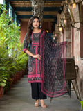 Juniper Women's Black Ethnic Motif Printed Liva Rayon Kurta Set With Buttons Coins & Tassels | Grocsy