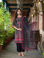 Juniper Women's Black Ethnic Motif Printed Liva Rayon Kurta Set With Buttons Coins & Tassels | Grocsy