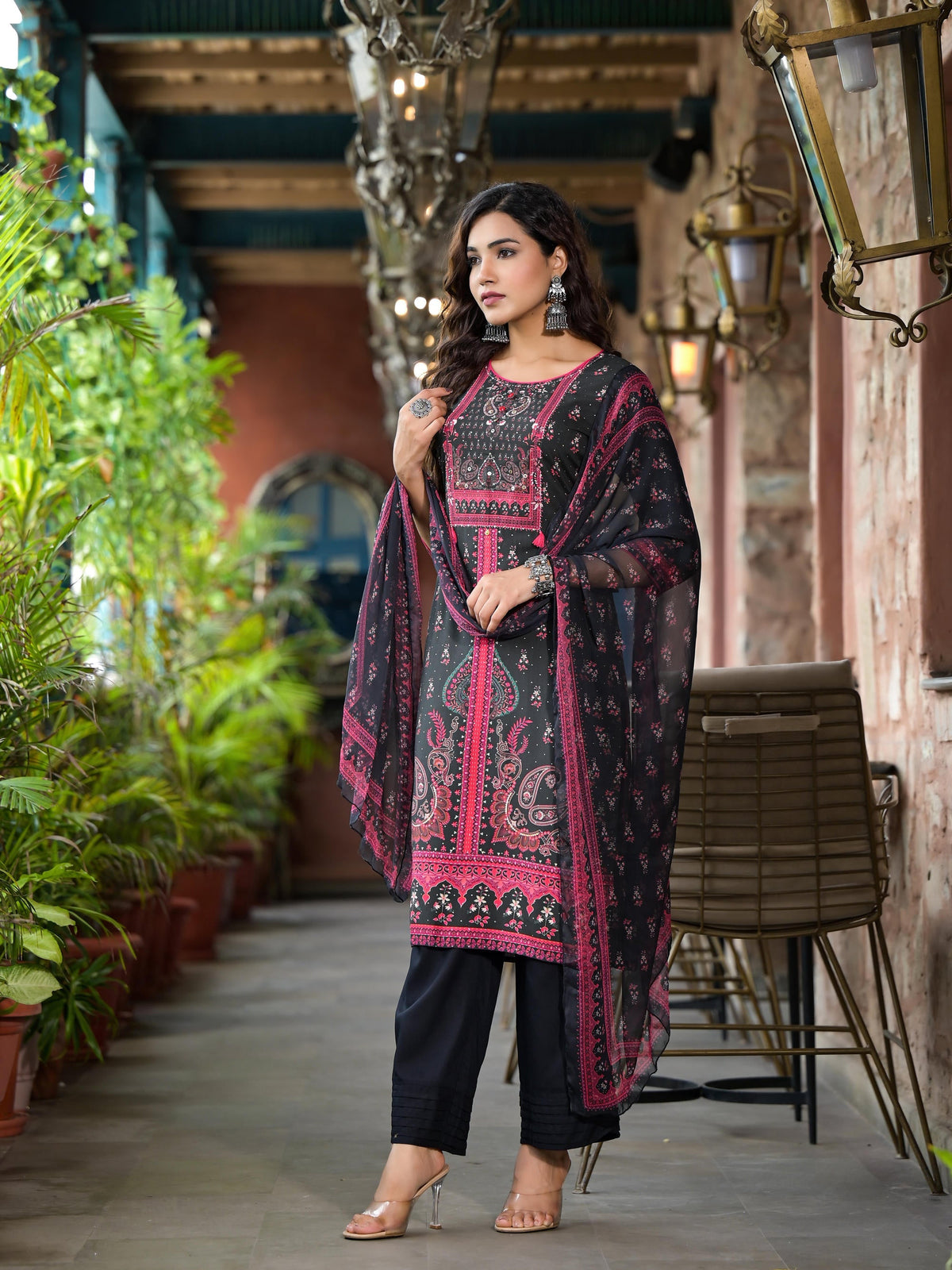 Juniper Women's Black Ethnic Motif Printed Liva Rayon Kurta Set With Buttons Coins & Tassels | Grocsy