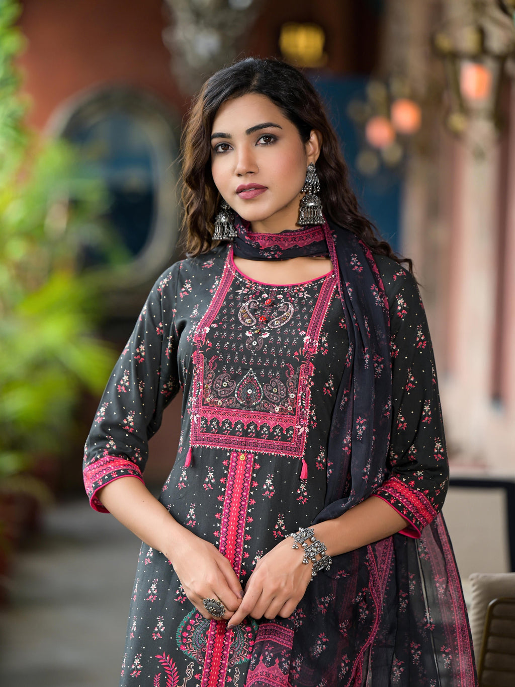 Juniper Women's Black Ethnic Motif Printed Liva Rayon Kurta Set With Buttons Coins & Tassels | Grocsy