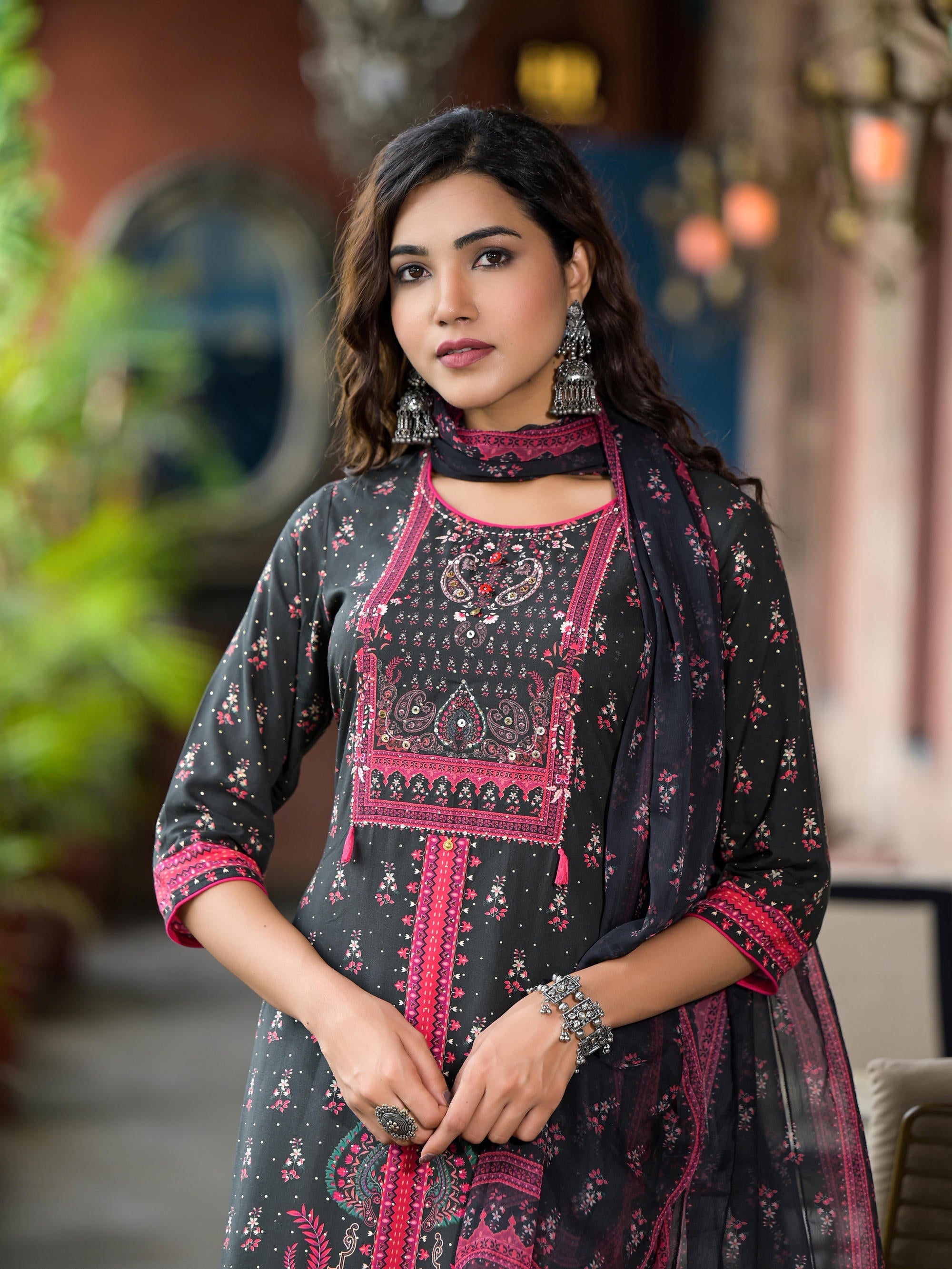 Juniper Women's Black Ethnic Motif Printed Liva Rayon Kurta Set With Buttons Coins & Tassels | Grocsy