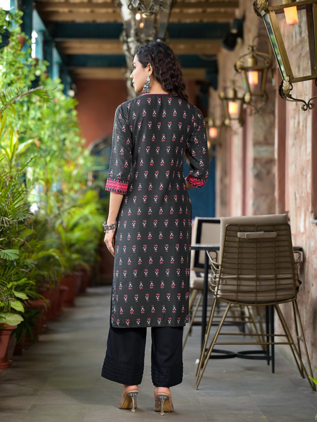 Juniper Women's Black Ethnic Motif Printed Liva Rayon Kurta Set With Buttons Coins & Tassels | Grocsy